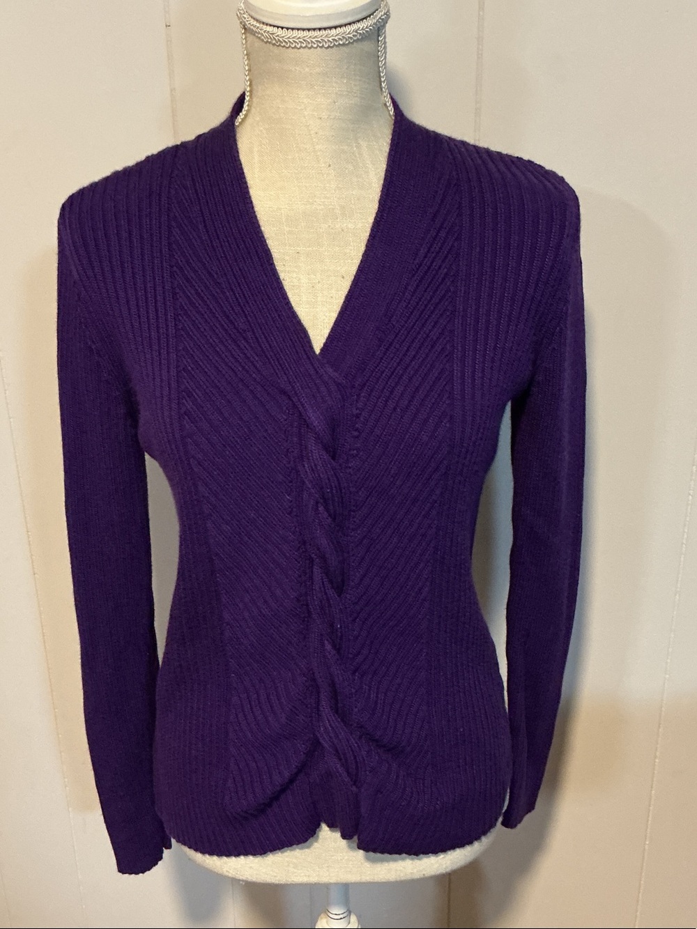 Lauren Ralph Lauren Deep Purple Cable V-Neck Sweater